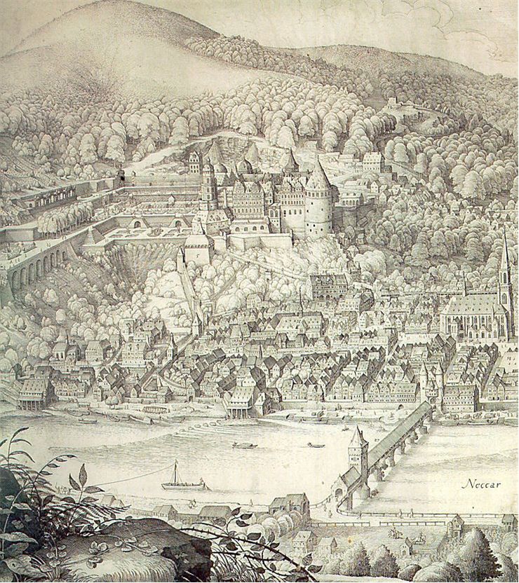 Historic views of Heidelberg castle and and town